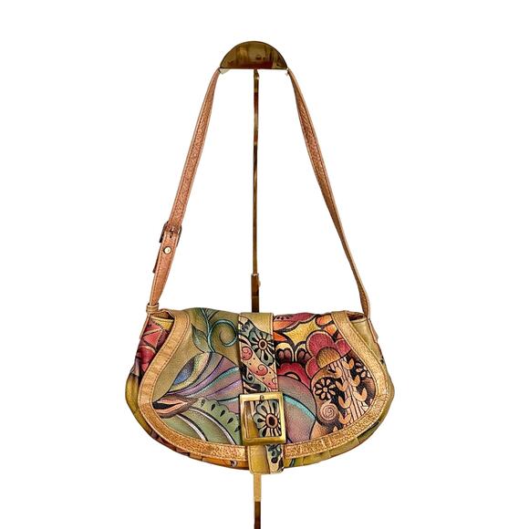 Anuschka Shoulder Bag Womens Tan Floral Genuine Leather Handpainted Art Handbag - Picture 1 of 11